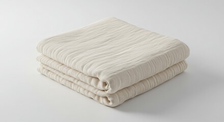 Folded Cream Colored Muslin Cotton Blanket on White Background