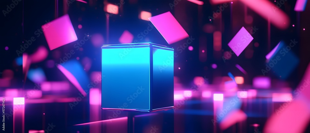 Poster a vibrant abstract scene featuring 3d cubes in various colors, suspended in a dynamic space with a g