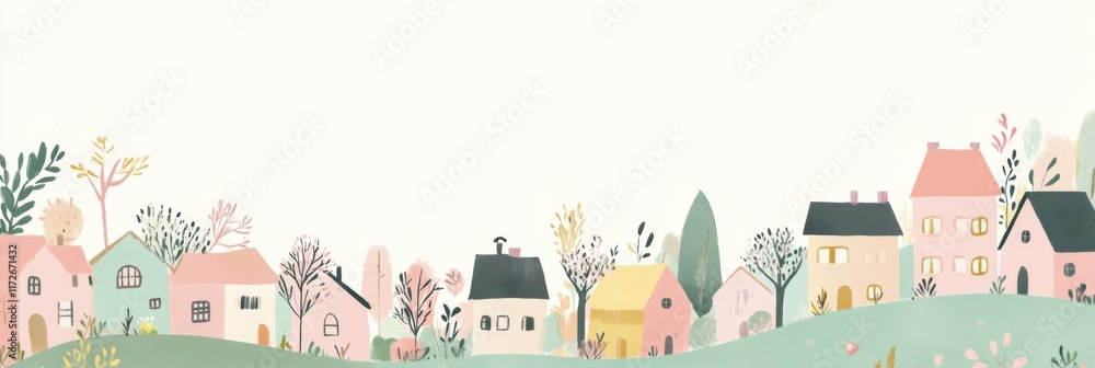 Poster delightful playground of colors showcasing whimsical houses nestled in a serene landscape. generativ