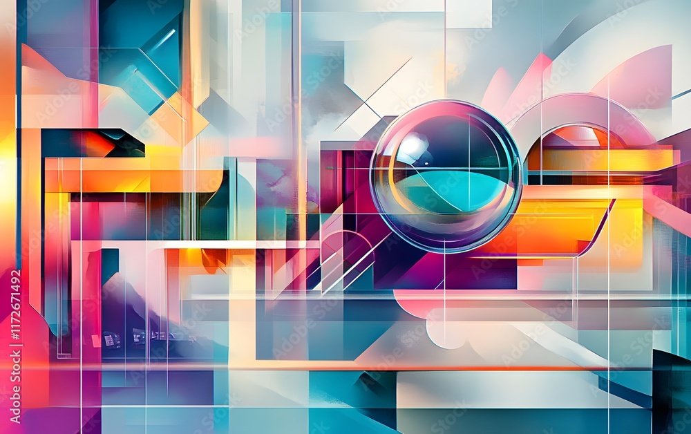 Poster a vibrant and dynamic digital abstract art piece featuring colorful geometric shapes and a reflectiv