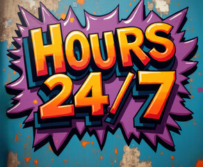 Fototapeta premium Vibrant 24/7 availability sign for business promotions and advertisements