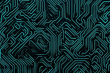 Abstract close-up of a glowing blue digital circuit board, showcasing intricate connections and technological design on a black background.
