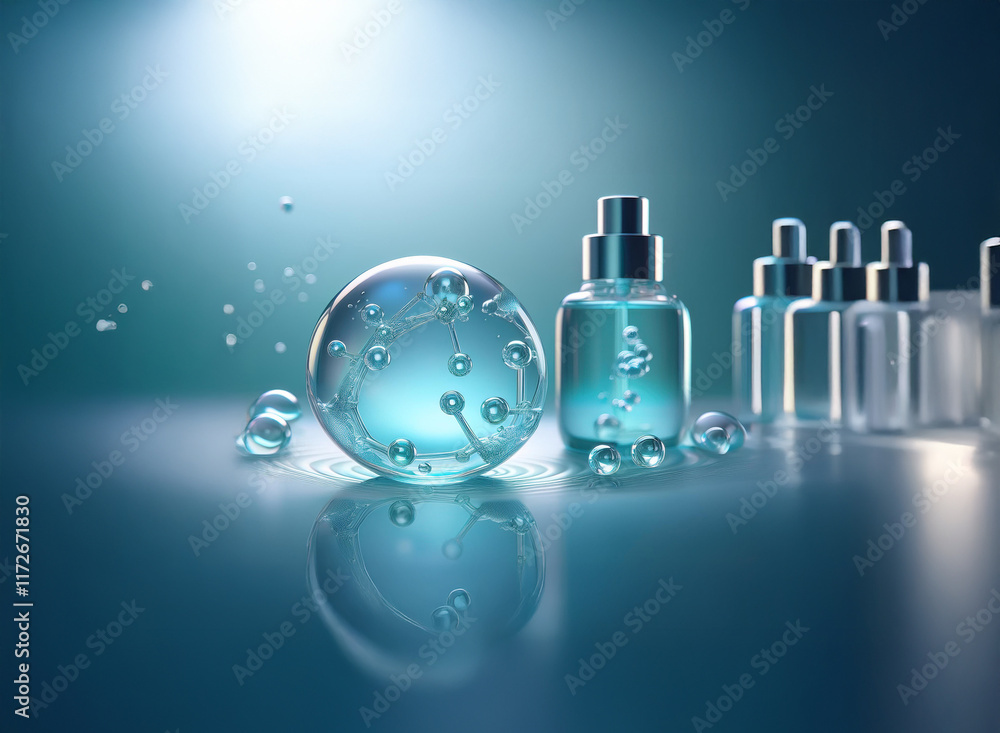 Poster a serene image showcasing translucent skincare bottles and a sphere filled with liquid, all reflecti