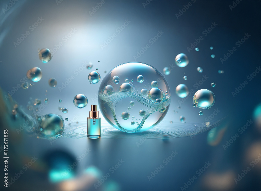 Poster a translucent sphere filled with smaller bubbles rests on a reflective surface next to a spray bottl