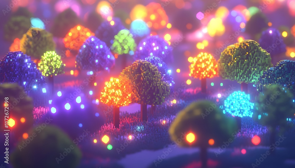 Poster a vibrant, colorful forest scene illuminated by glowing trees and sparkling lights, creating a magic