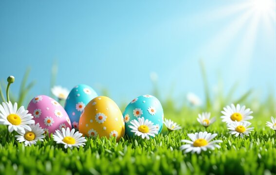 Colorful easter eggs lying in green grass with daisies under blue sky