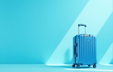 Blue suitcase stands on floor in room casting shadow from window light, minimalist travel concept