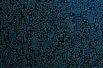 Abstract close-up of a glowing blue digital circuit board, showcasing intricate connections and technological design on a black background.
