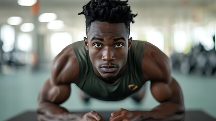 15. A young man in an athletic outfit doing crunches on a mat in the gym, with focused determination on his face