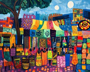 A vibrant market scene filled with colorful stalls showcasing various patterns and textiles, reflecting the rich cultural heritage and artistry of the community, under a bright sky