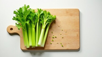 A bunch of fresh green celery stalks on a light wooden cutting board