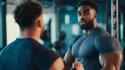 11. A personal trainer guiding a client through weight training in a gym, both dressed in comfortable workout attire