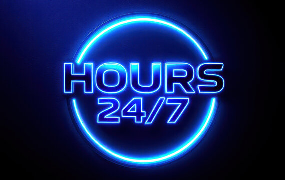 Neon blue 24/7 hours sign for business availability and customer engagement