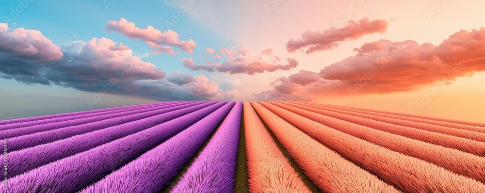 Poster minimal skies idea. beautiful lavender fields stretch beneath a vibrant sunset sky with colorful clo