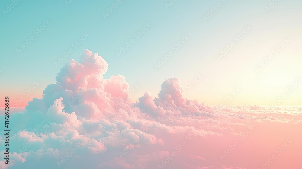 Poster minimal skies idea. a serene view of pastel clouds against a soft gradient sky at sunset.