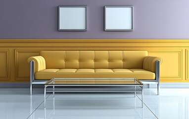 Yellow sofa, purple walls, modern living room interior design.