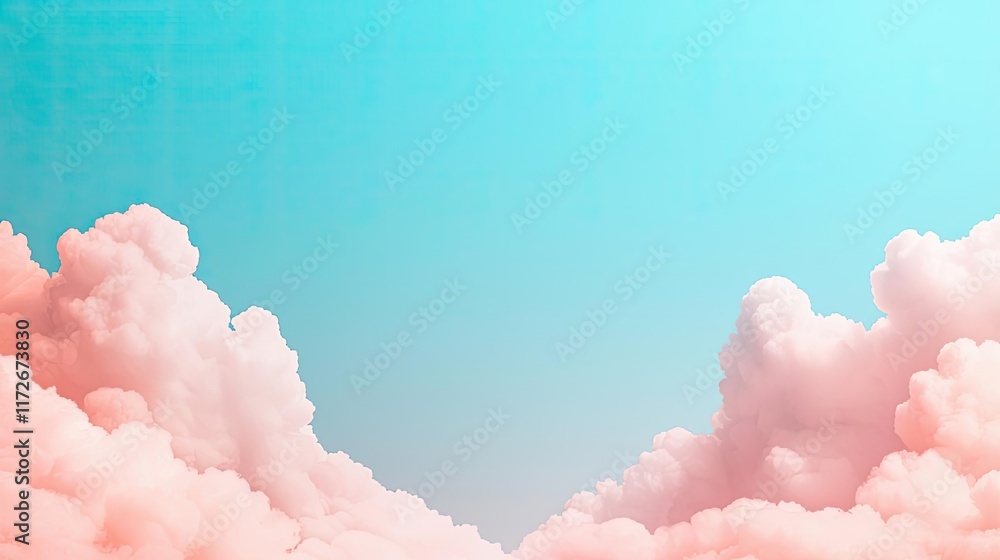 Poster minimal skies concept. serene pink clouds against a bright blue sky, creating a calming atmosphere.