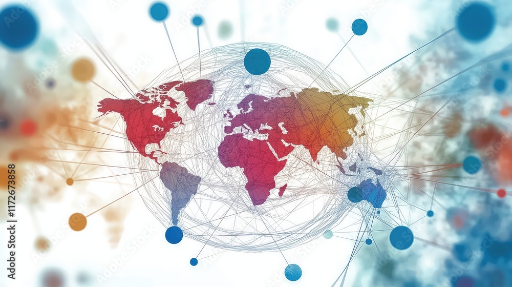 Poster colorful global connection map with blue and red elements