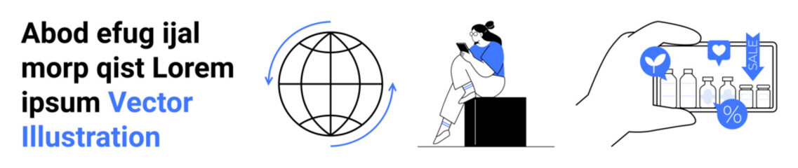 Globe with arrows, person reading on device, hand holding smartphone with shopping icons. Ideal for digital literacy, globalization, e-commerce trends, mobile technology, online education, consumer