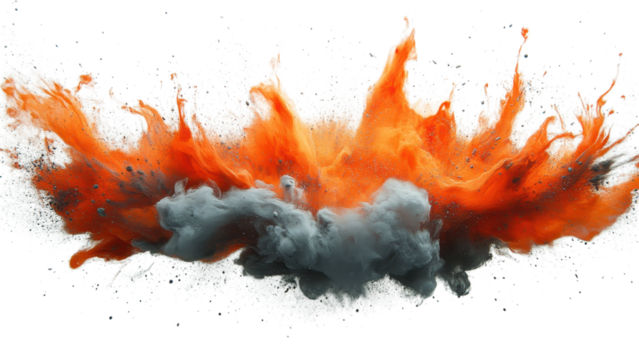 Dynamic explosion on a stark white backdrop, emphasizing motion and energy in a minimalist composition