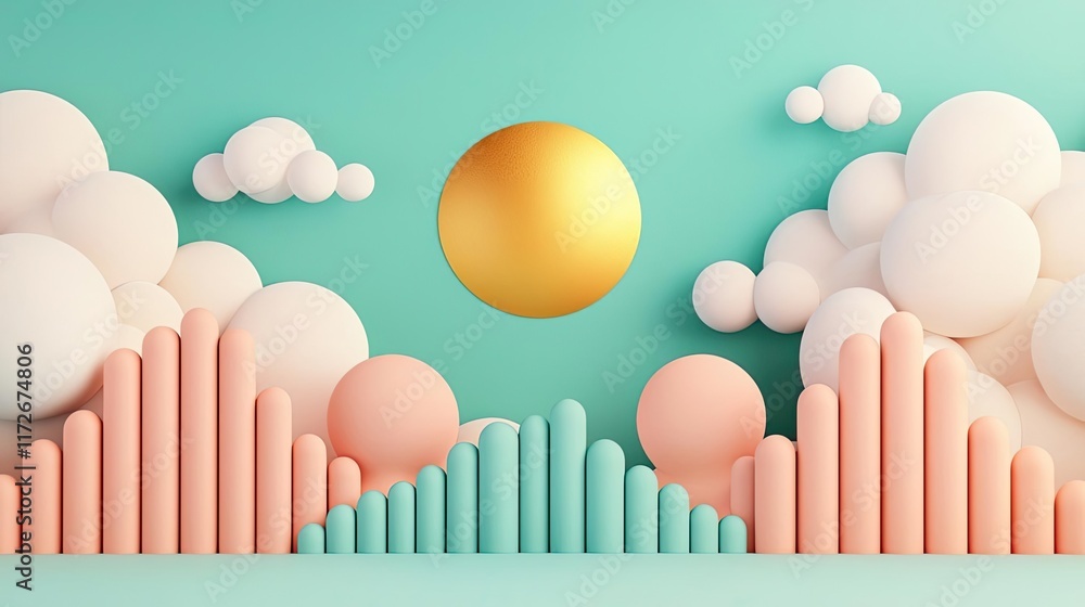 Poster minimal skies concept. colorful 3d geometric shapes with a sun and clouds against a vibrant backgrou