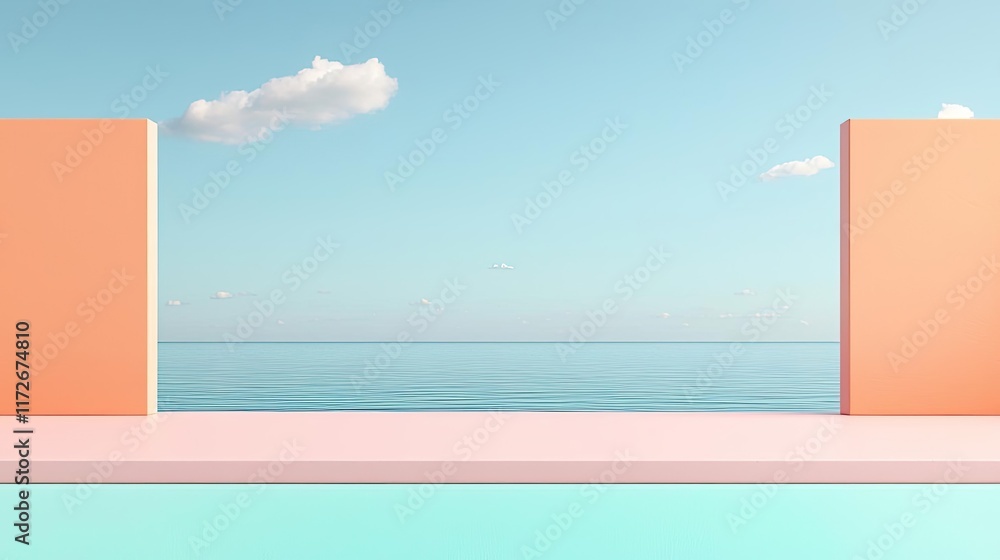 Poster minimal skies concept. a serene seaside view featuring pastel colors and calm waters under a clear s