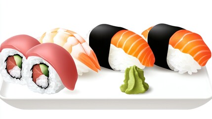 A plate of assorted sushi with wasabi for a delicious meal.