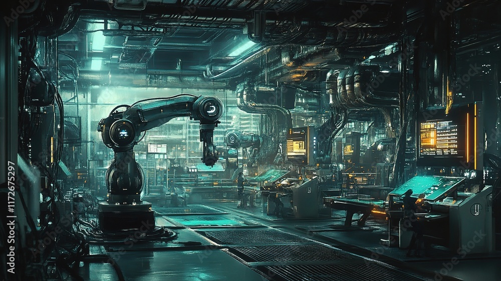 Poster digital concept of automation factory system with robotic arm