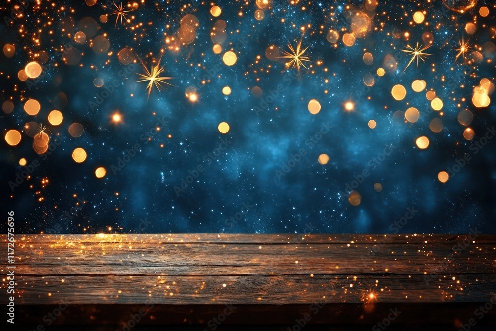 Poster vintage wooden table set against sparkling background with twinkling lights and bokeh effect for fes