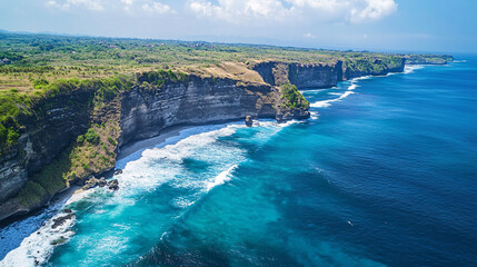 Obraz premium A stunning aerial shot of a coastal cliff, with turquoise ocean waves crashing against the rocky shore. 
