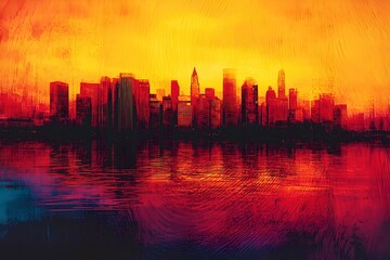 Vibrant Ink Cityscape Against Sunset Sky with Gentle Shadows