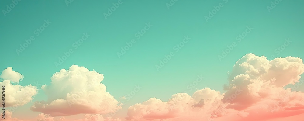 Poster Minimal skies concept. A serene sky filled with fluffy clouds against a gradient backdrop of soft colors.