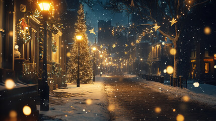 Obraz premium Winter night stroll in a beautifully decorated snowy street filled with lights and holiday spirit