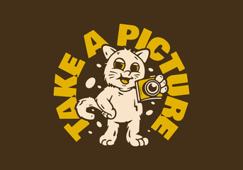 Standing cat character holding a pocket camera with rounded text