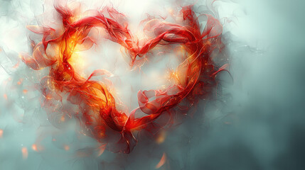 Fiery heart of smoke and flames against a misty backdrop, ideal for romance or passion themes