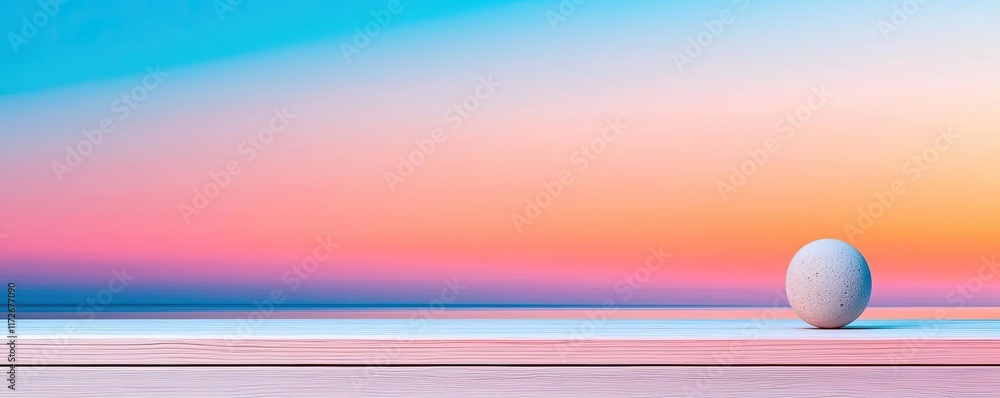 Poster Minimal skies concept. A serene abstract landscape featuring a smooth sphere against a colorful gradient backdrop.