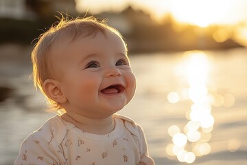 Baby smiling joyfully by the water during sunset at a serene beach location