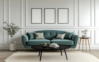Teal velvet sofa in elegant living room, white walls, modern decor. Use Interior design inspiration.