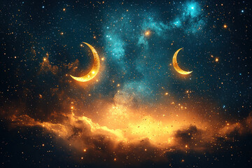 Fototapeta premium Golden crescents, starry night sky, nebula clouds, festive background