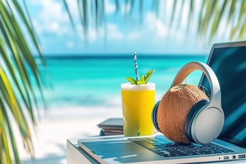 Obraz premium dynamic studio shot of noise-canceling headset slim laptop and tropical coconut drink arranged neatly on portable desk