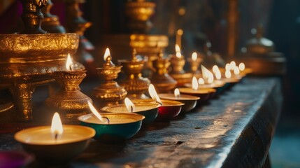 Vibrant Colorful Lit Candles for Puja Festival Celebration