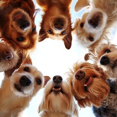a group of curious little dogs stand in a circle and look down