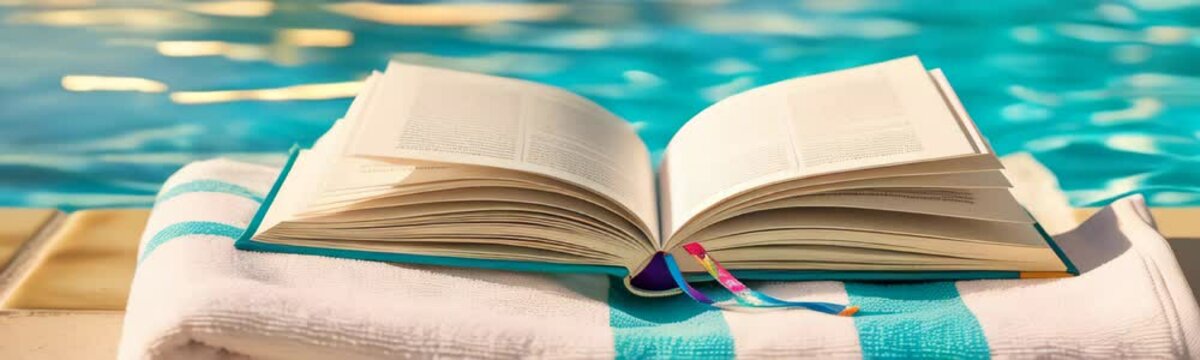 Open book on swimming pool edge during sunny day. Copy space for text banner. Travel and vacation concept