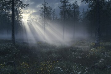 Fototapeta premium Sunlight breaks through fog in a serene forest setting during early morning hours