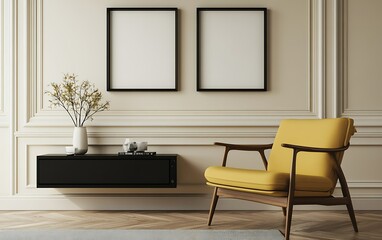 Yellow armchair in modern living room with empty frames.