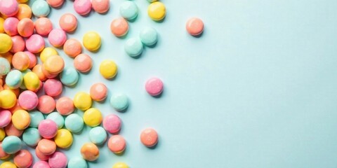 Obraz premium Pastel-colored candy buttons scattered on a light blue background, perfect for a sweet and cheerful design