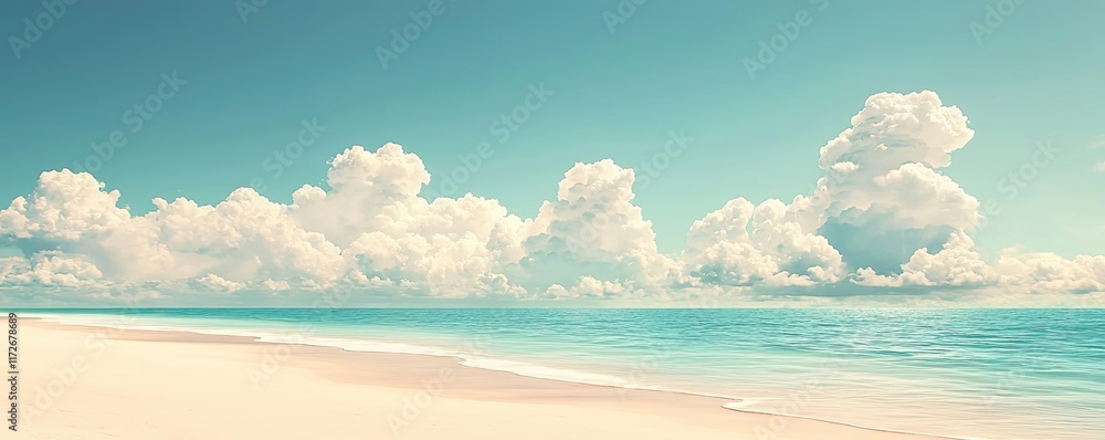 Poster minimal skies concept. a serene beach scene with soft clouds and calm turquoise waters under a clear