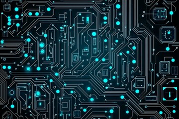 Abstract close-up of a glowing blue digital circuit board, showcasing intricate connections and technological design on a black background.
