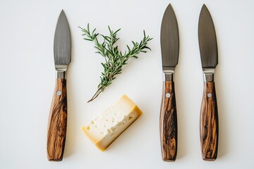 dynamic studio shot of set of cheese knives with elegant wooden handles and polished steel blades displayed alongside