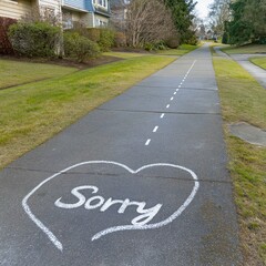 Obraz premium Chalk heart and sorry message on suburban sidewalk